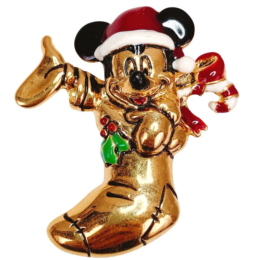 Vintage Disney Napier Mickey Mouse Christmas Stocking Gold Tone Brooch Nostalgic